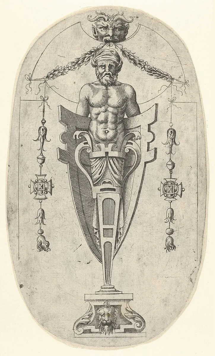 Male Terminal Figure; Torso with Beard and Turban on a Half-Length Pedestal Enclosed by a Shield — Jean Mignon