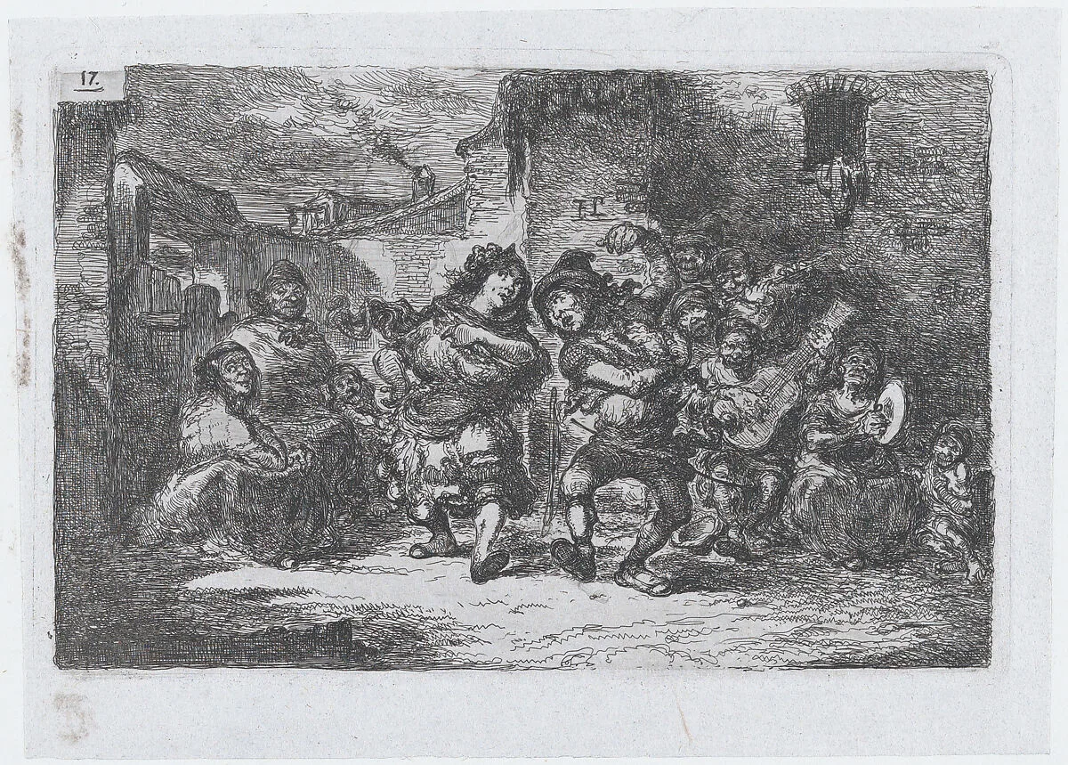 Plate 17: street musicians and dancing figures, from the series of customs and pastimes of the Spanish people — Francisco Lameyer y Berenguer
