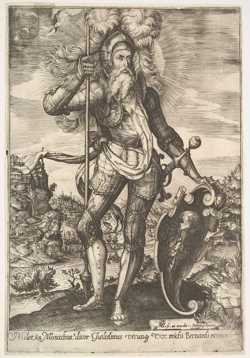 St. William of Aquitaine in armor bearing a standard in his right hand and resting his left hand on a shield, a landscape beyond — Melchior Meier|Martinus Martini