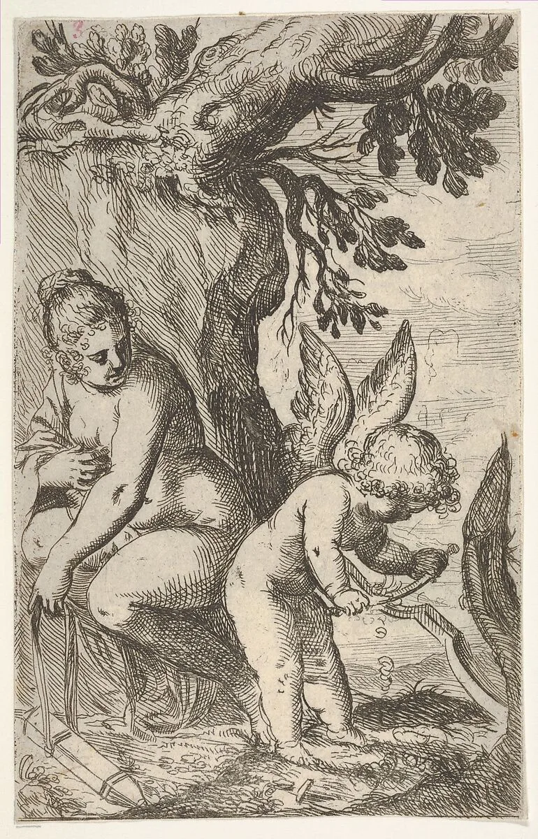 Cupid carves a wooden bow with a file, with his back turned toward Venus, from "Sport of Love" (Scherzi d'amore) — Odoardo Fialetti