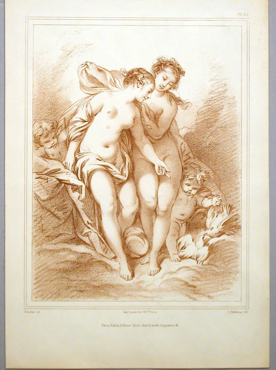 Untitled: Two female nudes with two putti and doves — After Bellanger (?)