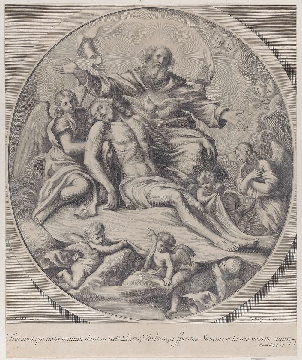 The Holy Trinity, with the dead Christ at center surrounded by angels, God the Father, and the Holy Spirit — Anonymous|Pier Francesco Mola|Francois de Poilly