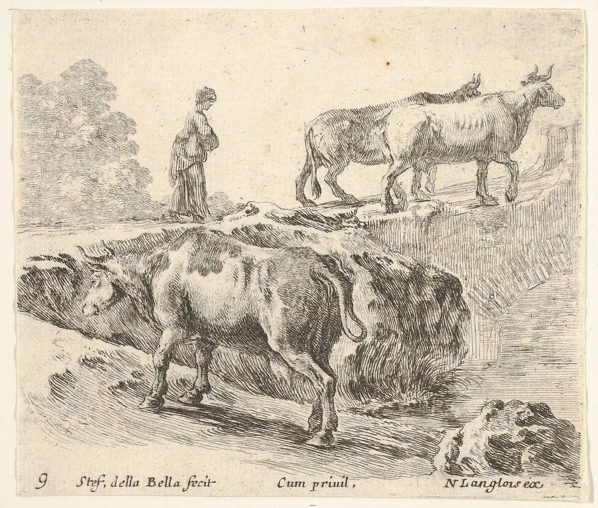 Plate 9: a cow ascending a bank, a peasant woman leading two cows across a bridge in background, from 'Diversi capricci' — Stefano della Bella|Nicolas Langlois