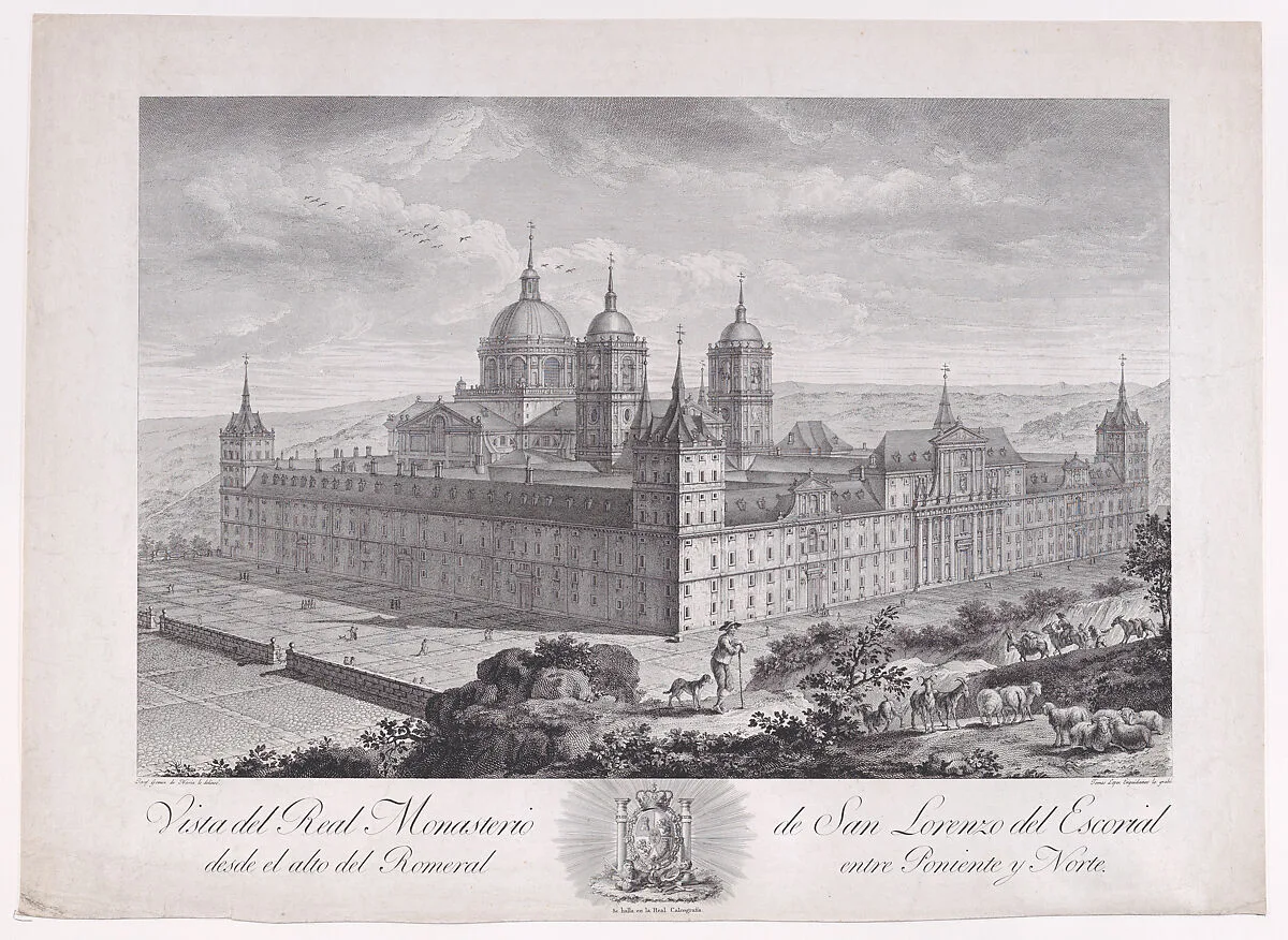 Bird's-eye view of the monastery of El Escorial, from a series of Views of El Escorial — Calcografía Real, Madrid|Tomás López Enguidanos|José Gómez Navia