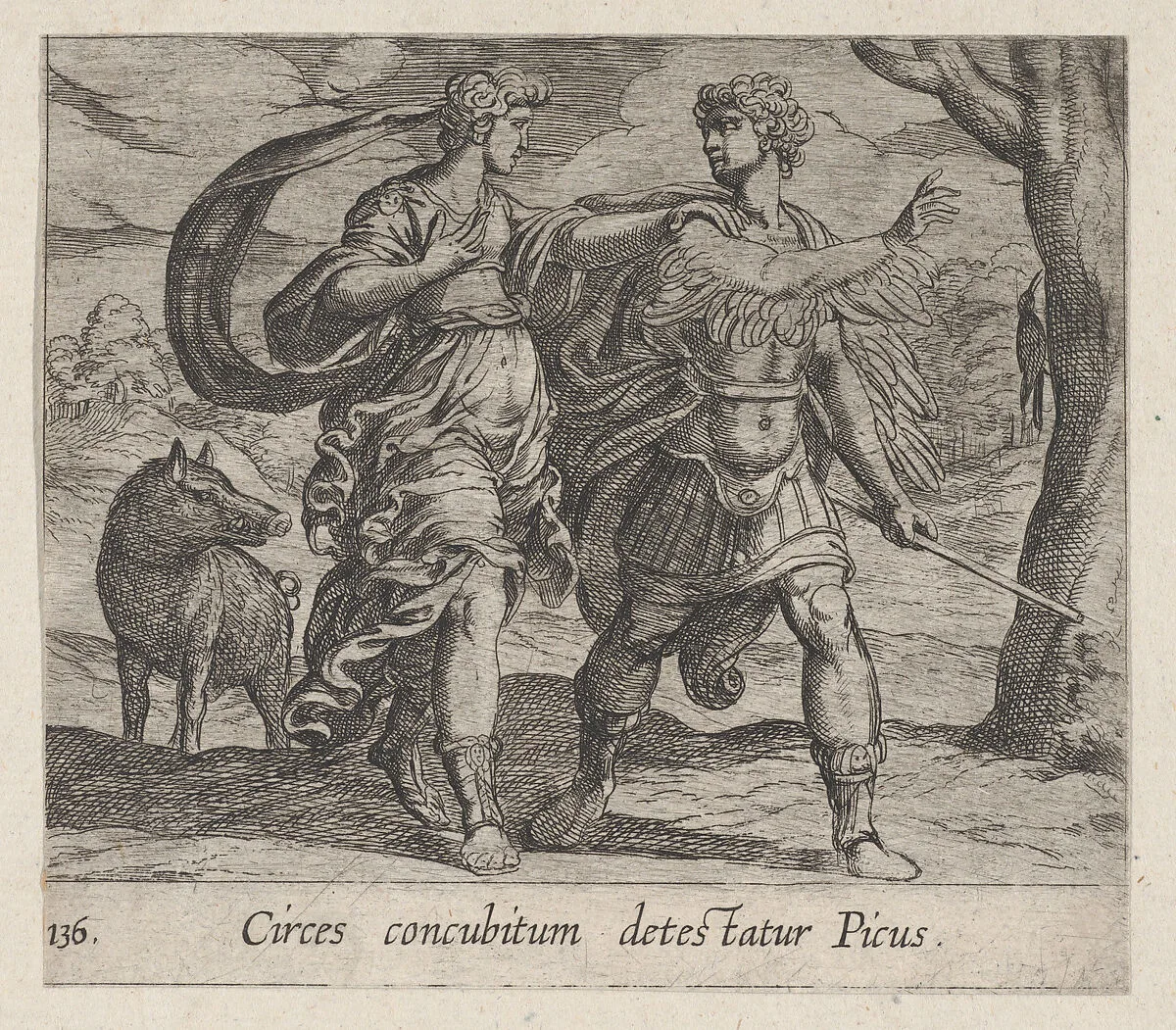 Plate 136: Circe Changing Picus into a Bird (Circes concubitum detestatur Picus), from Ovid's 'Metamorphoses' — Antonio Tempesta