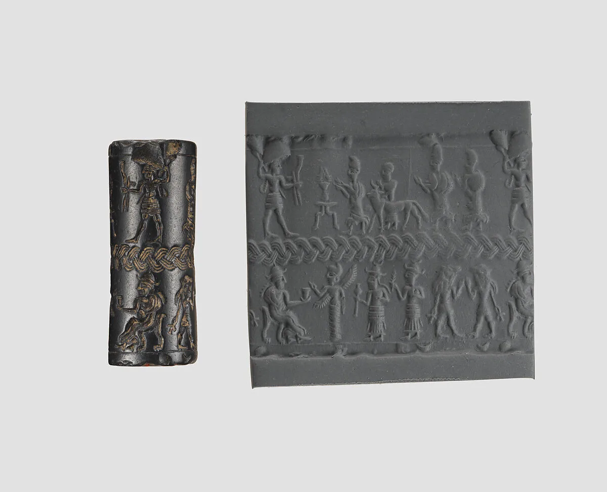 Cylinder seal and modern impression: royal figures approaching weather god; divinities — Unknown