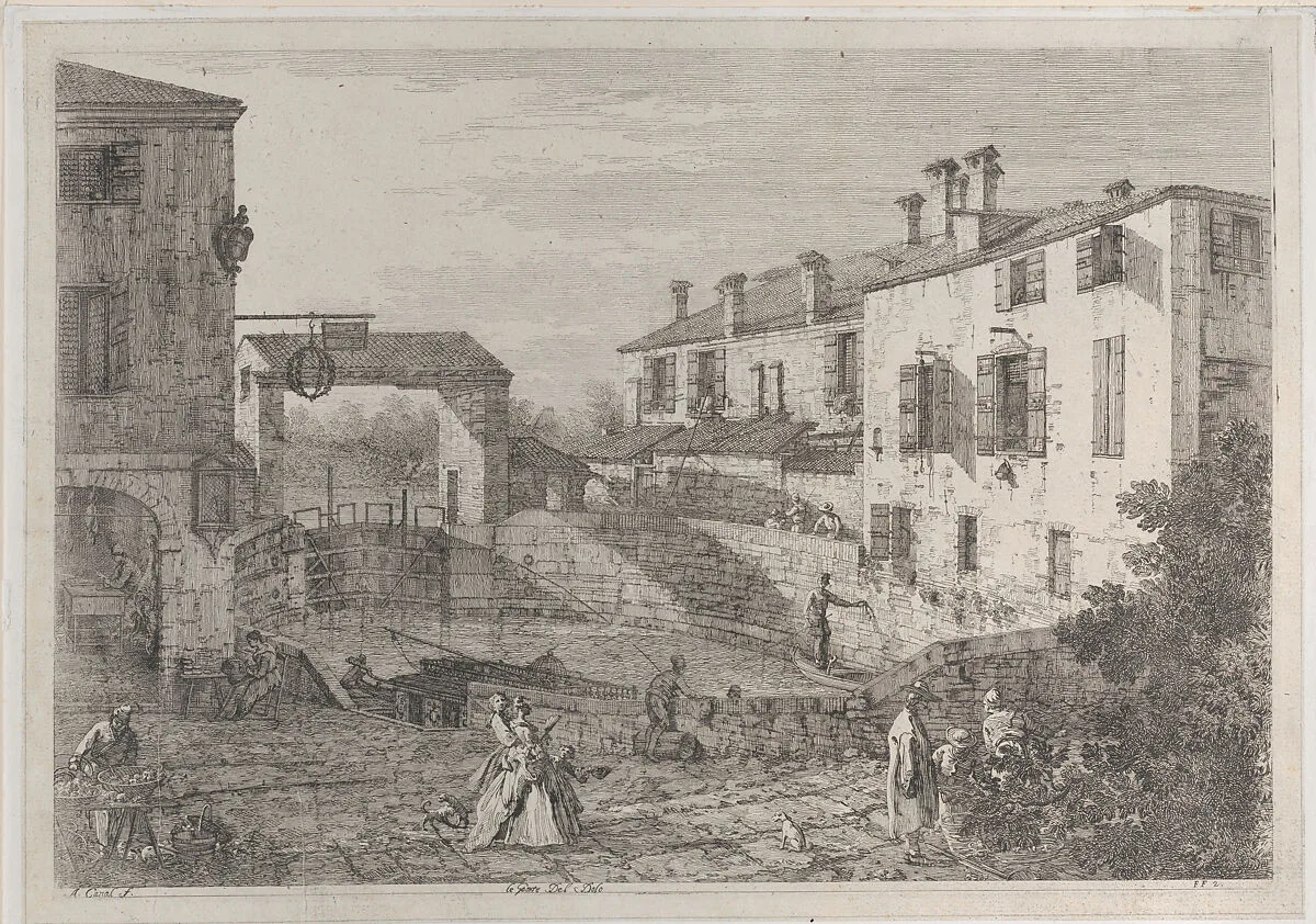 Le porte del Dolo: the oval basin of the locks at Dolo, with a barge moored to the quay — Canaletto (Giovanni Antonio Canal)