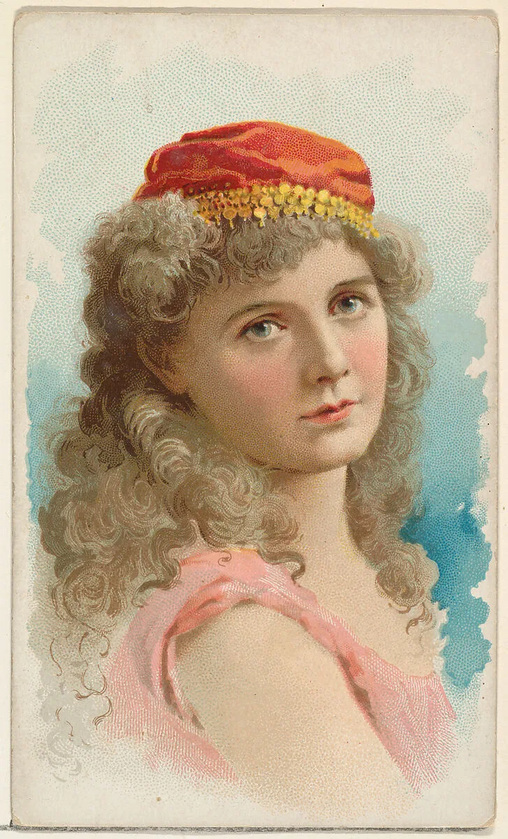 Actress wearing red silk cap with gold detailing, from Stars of the Stage, First Series (N129) issued by W. Duke, Sons & Co. to promote Honest Long Cut Tobacco — W. Duke, Sons & Co.|Knapp & Company