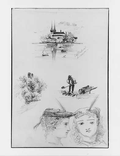 Lucerne Cathedral, Farmer in Field, Foliage, Two Children (from Switzerland 1870 Sketchbook)
