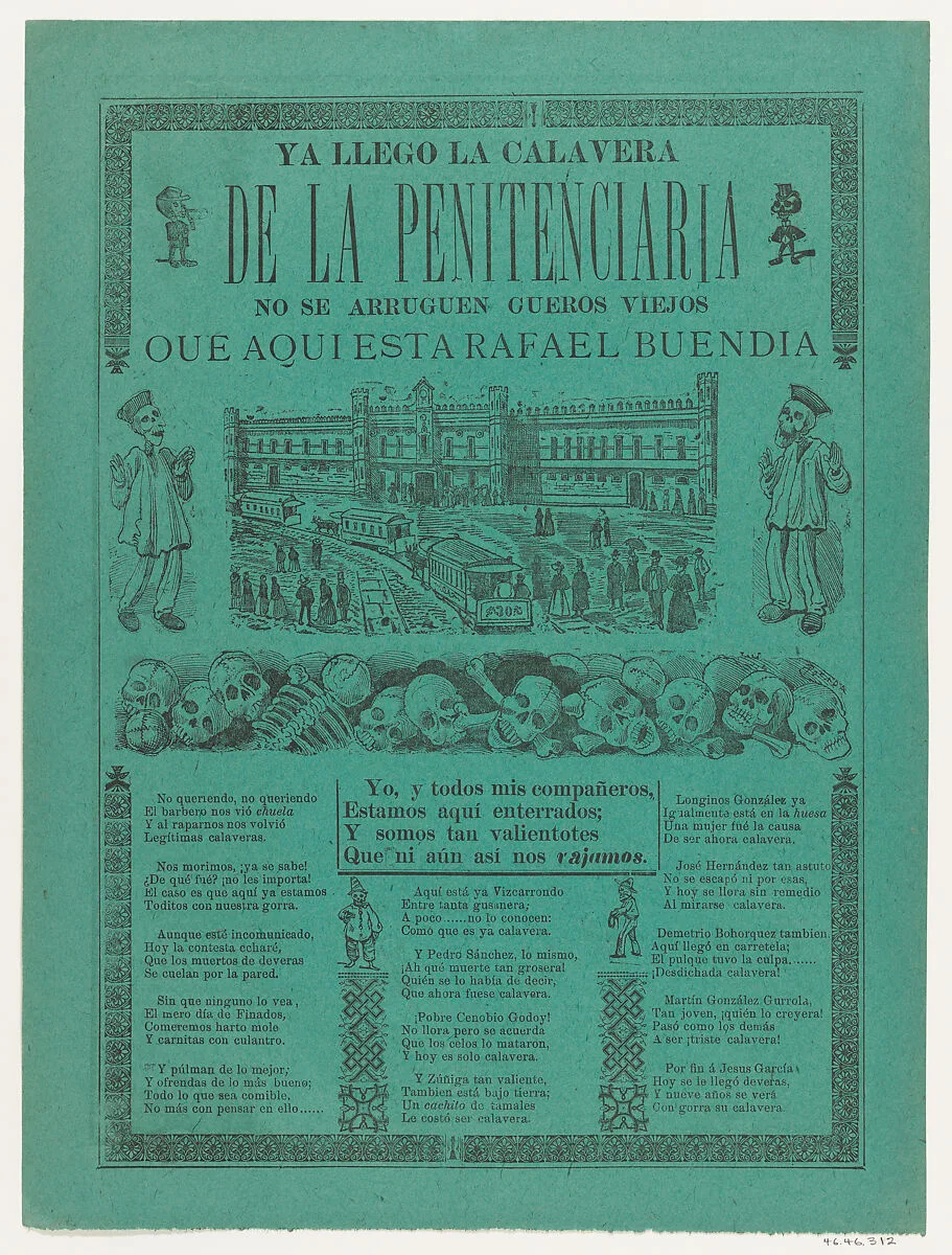 The arrival of the skeletons of the penitentiary (Posada); two skeleton angels in lower corners of verso (Manilla) — Manuel Manilla|Antonio Vanegas Arroyo|José Guadalupe Posada