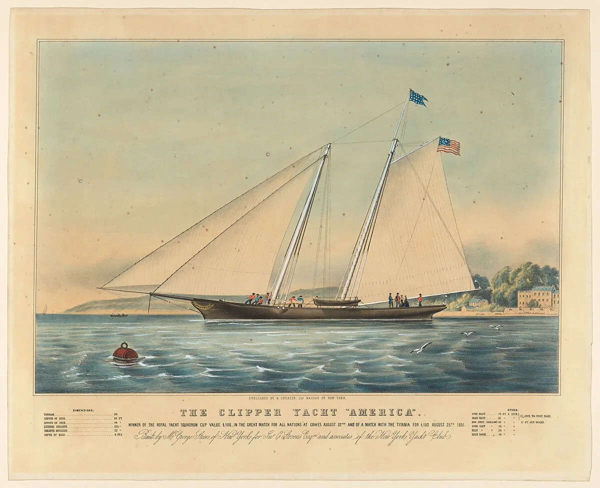 The Clipper Yacht "America," Winner of the Royal Yacht Squadron Cup, Value £100 in the Great Match for All Nations at Cowes, August 22nd, and of a Match with the Titania for £100, August 28, 1851 — Nathaniel Currier