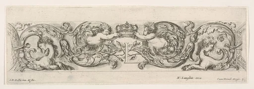 Design for a Frieze with Two Putti holding a crown over the letter, 'L' (for Louis XIV?), Plate 3 from: 'Decorative friezes and foliage' (Ornamenti di fregi e fogliami)