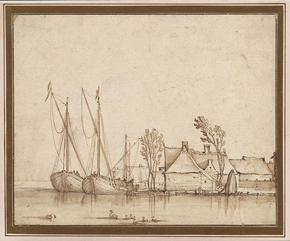 Barges Moored by Cottages — Claes Jansz. Visscher the Younger