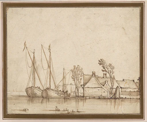 Barges Moored by Cottages