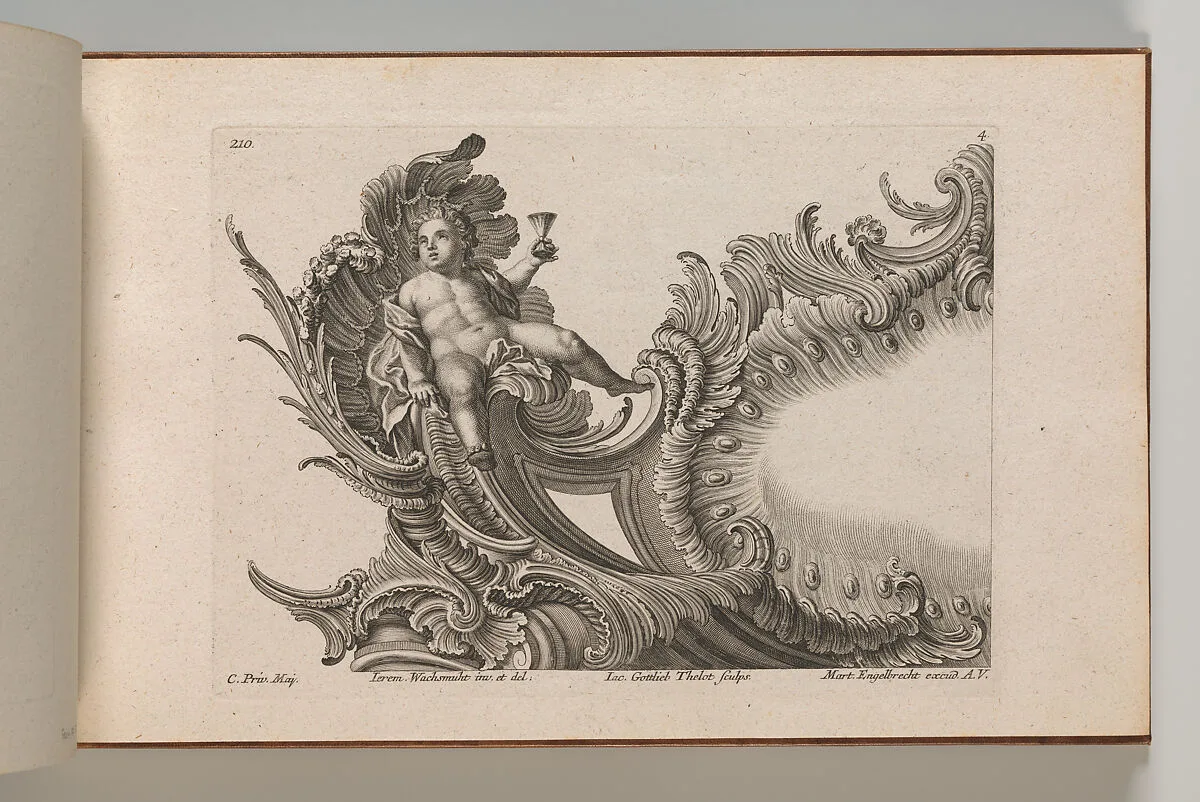 Design for a Rocaille Cartouche with the Figure of Putto holding up a Cup, Plate 4 from an untitled series with architectural cartouches and allegorical figures — Jacob Gottlieb Thelot|Martin Engelbrecht|Jeremias Wachsmuth