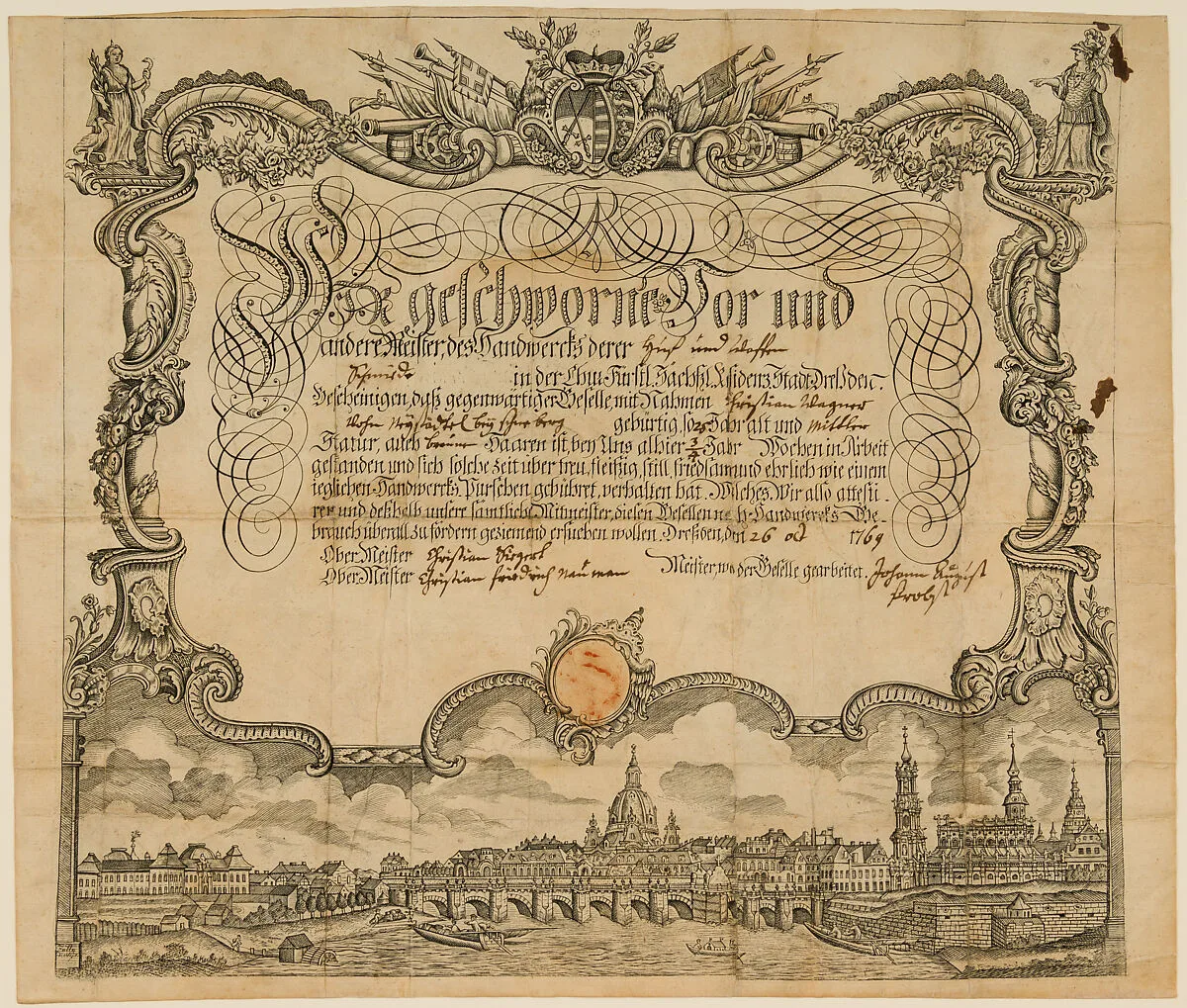 Certificate of Employment (Arbeitsbescheinigung) of the Guild of Farriers and Weaponsmiths (Huf- und Waffenschmiede) of Dresden — Unknown