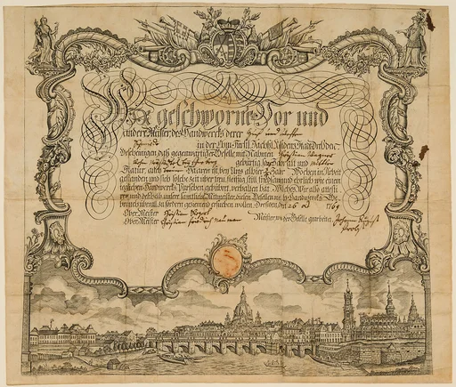 Certificate of Employment (Arbeitsbescheinigung) of the Guild of Farriers and Weaponsmiths (Huf- und Waffenschmiede) of Dresden