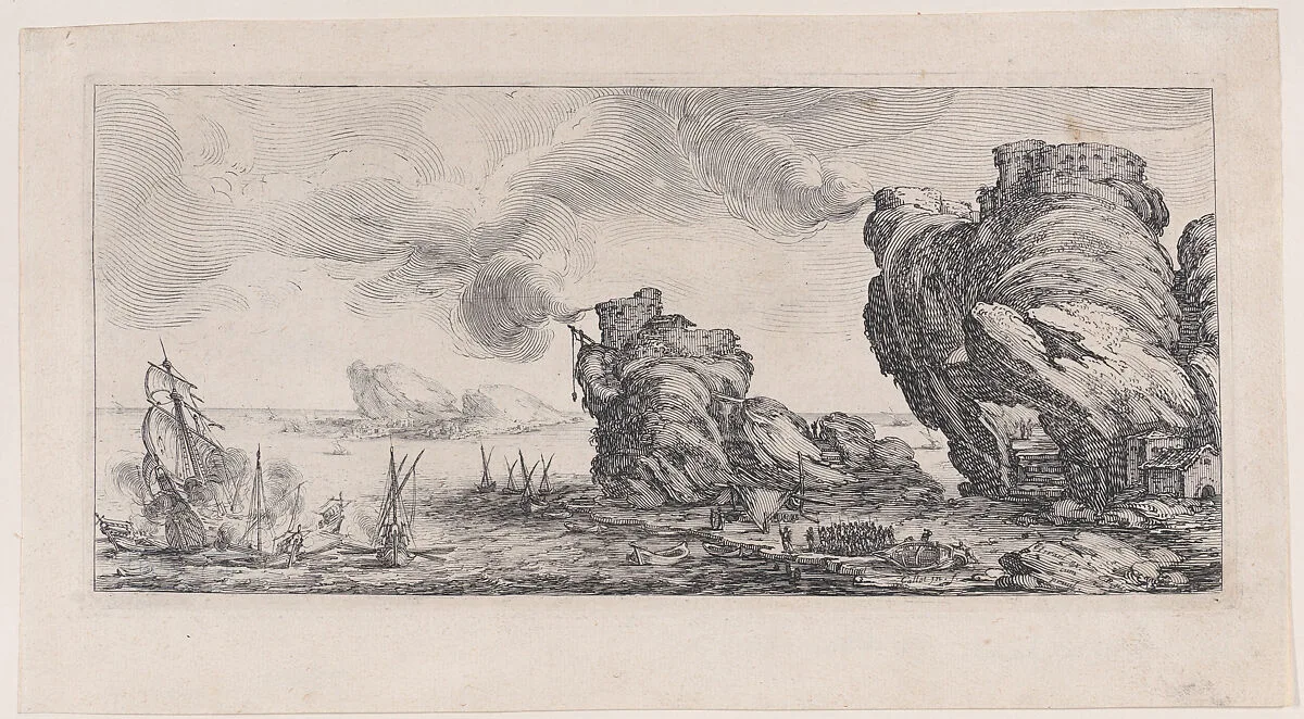 Le Combat Naval (The Naval Battle), from Paysages Gravés pour Jean de Médicis appelées aussi Paysages Dessinés a Florence, Vues de Florence, Paysages d'Italie, et Paysages Définitifs (Landscapes Engraved for Giovanni de'Medici, Landscapes Designed in Florence, Views of Florence, Landscapes of Italy, and Definitive Landscapes) — Israël Henriet|Jacques Callot|Don Giovanni de' Medici