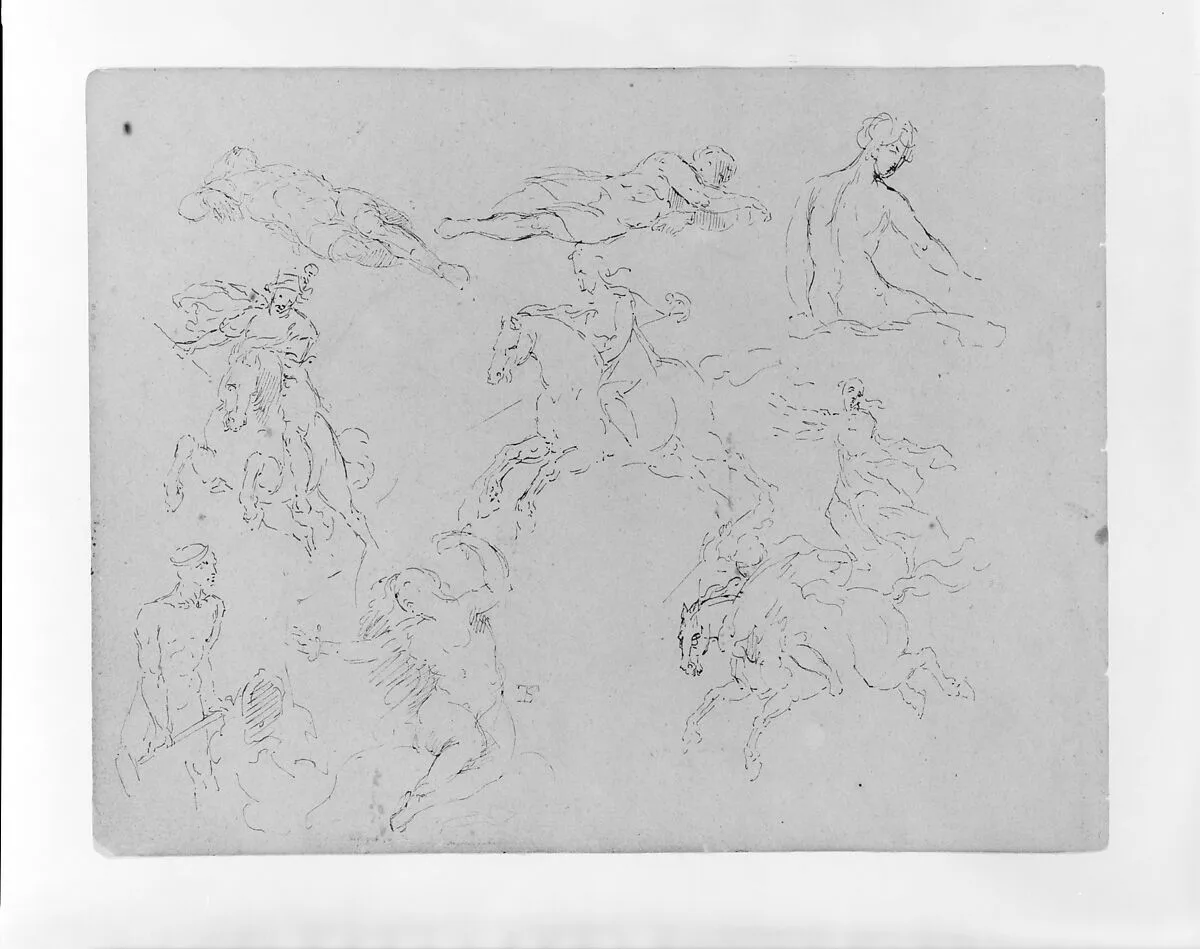 Standing Female Nudes; Seated Monarch; Small Figure Composition; Bust of a Demure Woman (from Sketchbook) — Thomas Sully