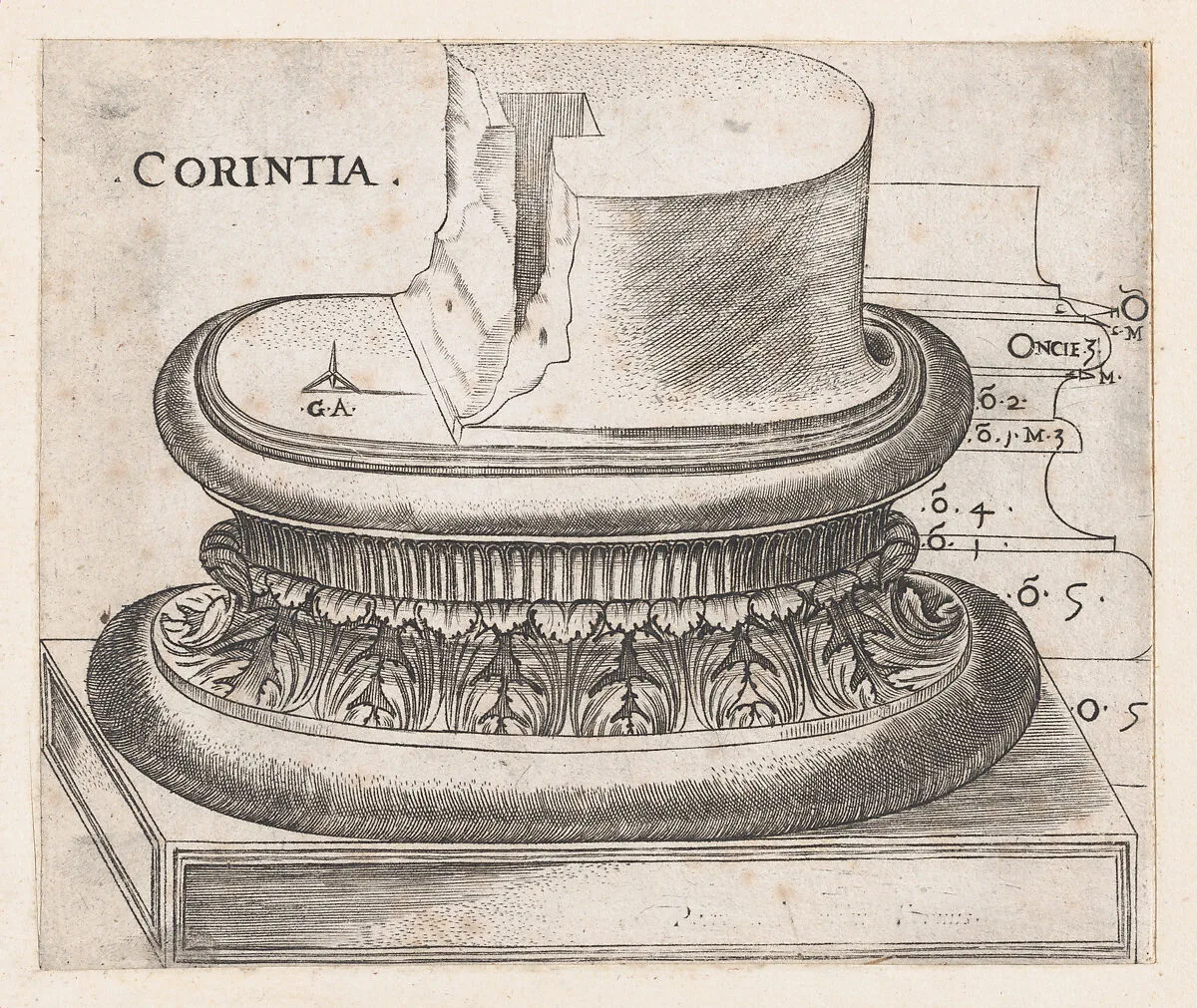 Speculum Romanae Magnificentiae: Corinthian base — Monogrammist G.A. & the Caltrop