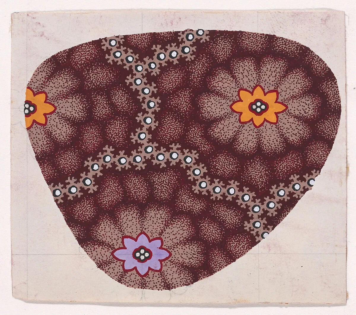 Textile Design with Alternating Horizontal Rows of Rosettes with Pearls as Pistils Framed by Interlacing Garlands of Branches with Pearls over an Abstract Honeycomb Pattern — Anonymous, Alsatian, 19th century