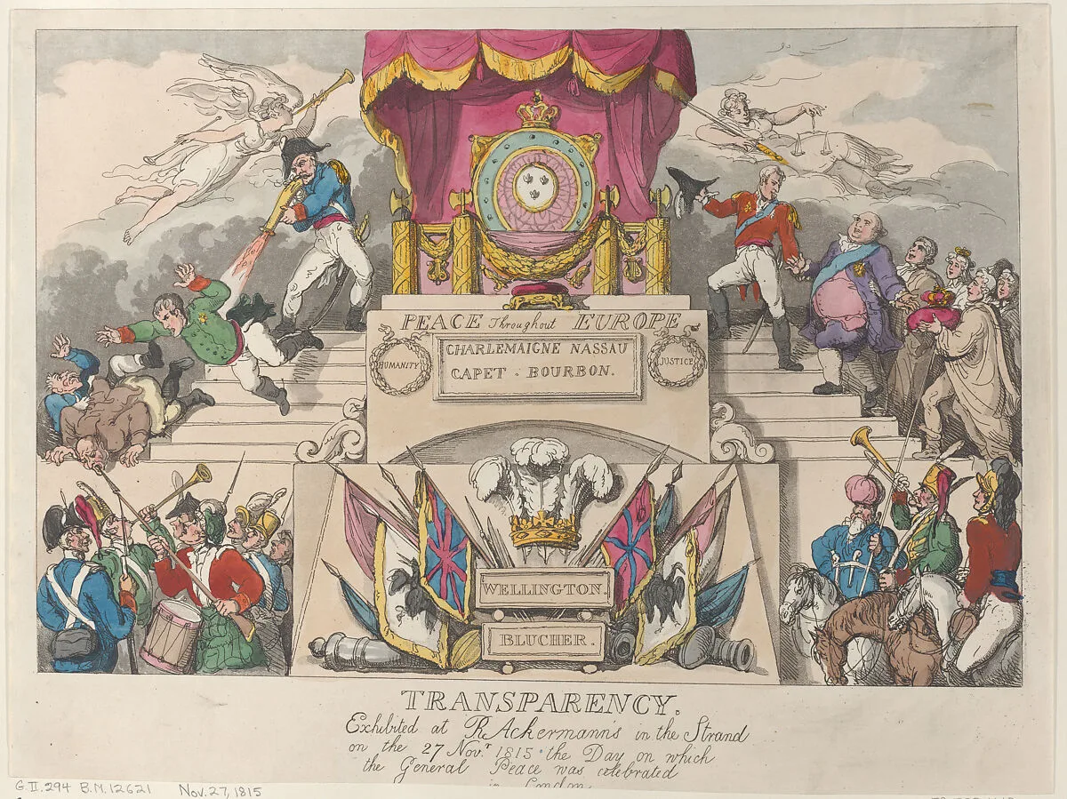 Transparency: Exhibited at R. Ackermann's in the Strand on the 27th November 1815, the Day on which the General Peace was Celebrated in London — Arthur Wellesley, 1st Duke of Wellington|Rudolph Ackermann, London|Gebhard Leberecht von Blücher|Thomas Rowlandson|Louis XVIII, King of France|Napoléon Bonaparte