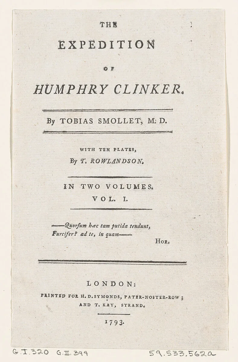Title Page, from Tobias Smollett's "The Expedition of Humphry Clinker" (London, 1793), Vol. 1 — Thomas Rowlandson