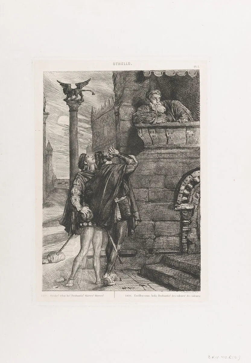 "Owake! what ho! Brabantio! thieves! thieves!": plate 1 from Othello (Act 1, Scene 1) — Théodore Chassériau|William Shakespeare