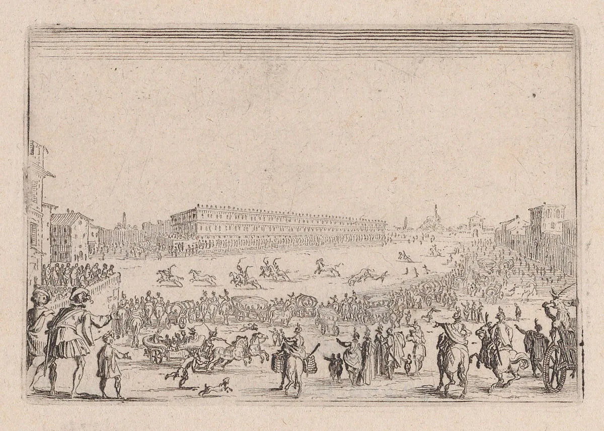 La Course de Chevaux sur la Place Pitti a Florence (The Horse Race on the Piazza Pitti in Florence), from Les Caprices Series B, The Nancy Set — Jacques Callot|Lorenzo de' Medici