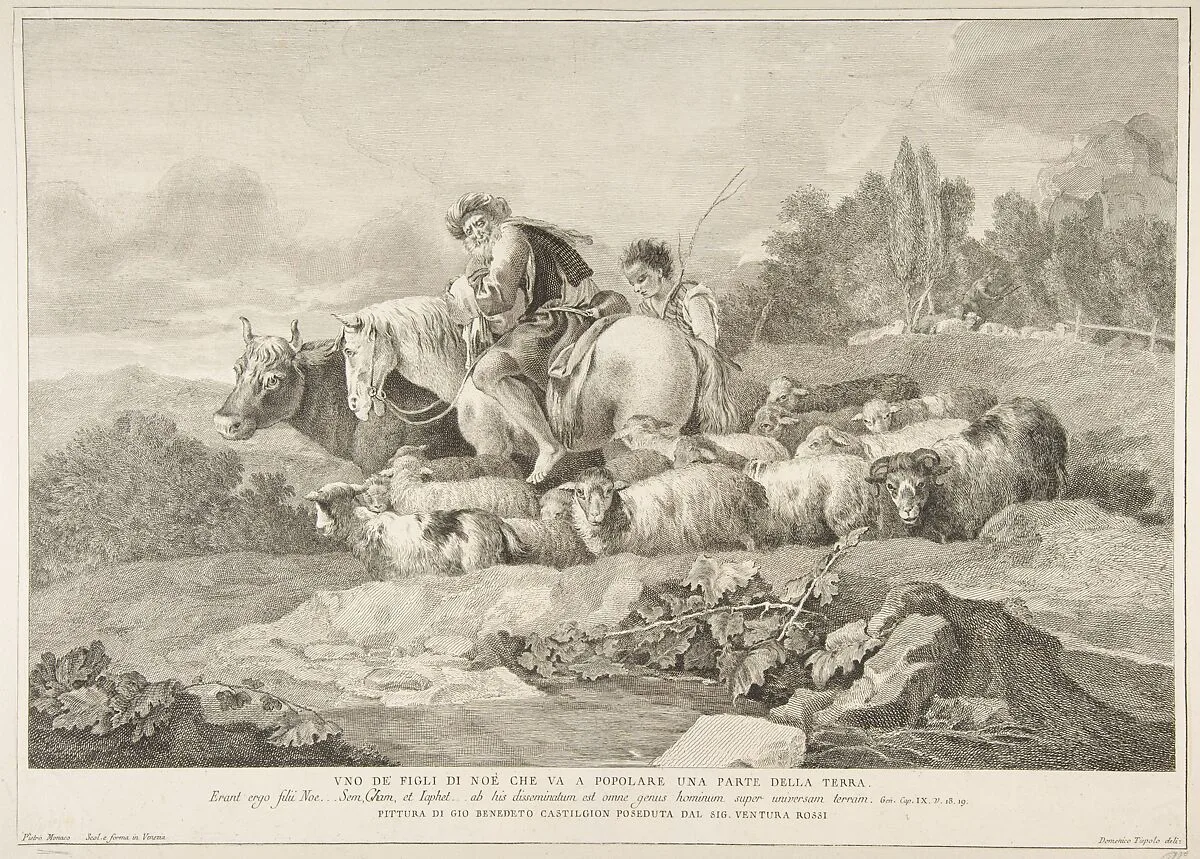 One of the Sons of Noah who Goes to Populate a Part of the Earth (Uno de figli di Noè che va a popolare una parte della terra) — Giovanni Domenico Tiepolo|Pietro Monaco|Giovanni Benedetto Castiglione (Il Grechetto)