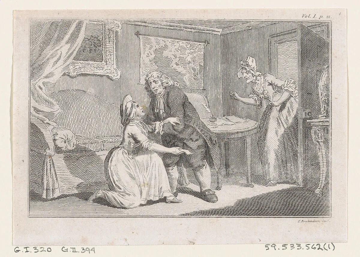 Matthew Bramble Offering Charity to the Ensign's Widow, an illustration from Tobias Smollett's "The Expedition of Humphry Clinker" (London, 1793), Vol. 1 — Thomas Rowlandson|Charles Grignion, I