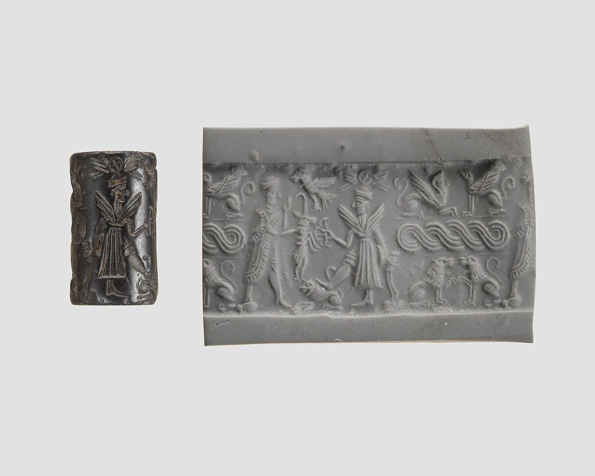 Cylinder seal and modern impression: offering bearer before winged deity; terminal: sphinxes, guilloche, lions — Unknown