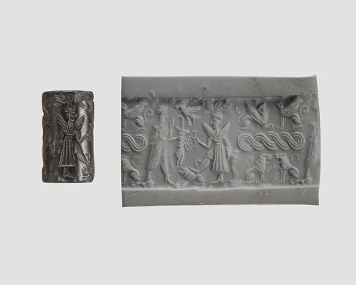 Cylinder seal and modern impression: offering bearer before winged deity; terminal: sphinxes, guilloche, lions