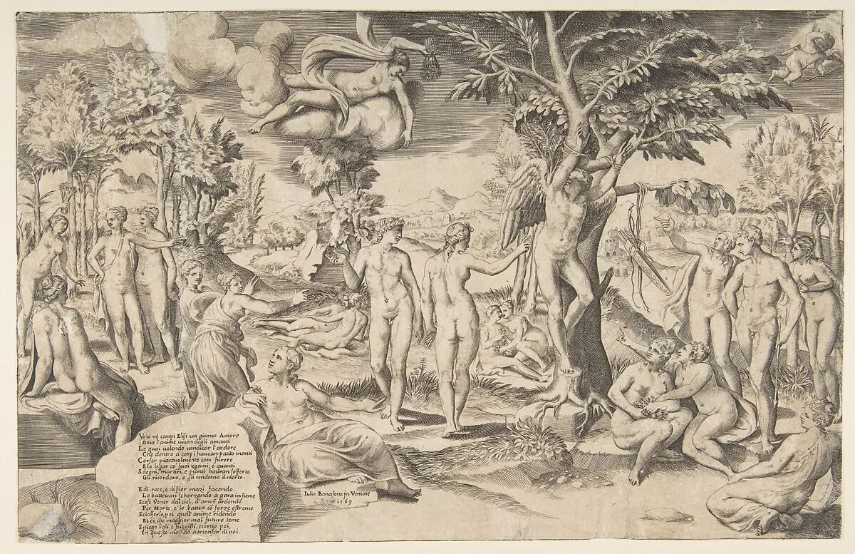 Cupid in the Elysian Fields tied to a tree in the center, surrounded by many figures — Giulio Bonasone