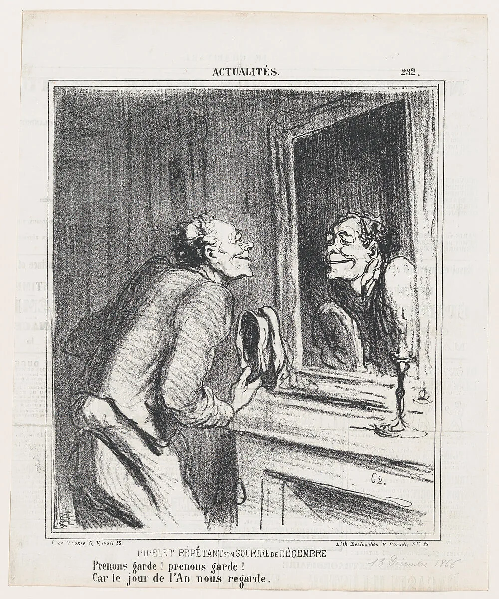 The concierge rehearsing his December smile: Take care! take care! For New Year's Day is approaching!, from 'News of the day,' published in Le Charivari, December 13, 1866 — Destouches|Arnaud de Vresse|Honoré Daumier