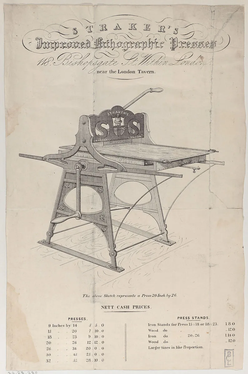 Trade Card for Straker's Improved Lithographic Presses — Anonymous, British, 19th century