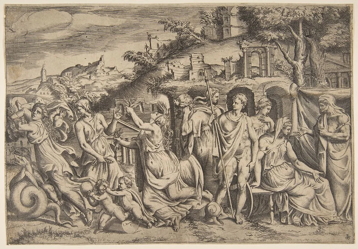 The story of Jason and Medea at the left she carries off her son, in the middle she is shown in her madness, Jason stands at the right — Giulio Bonasone