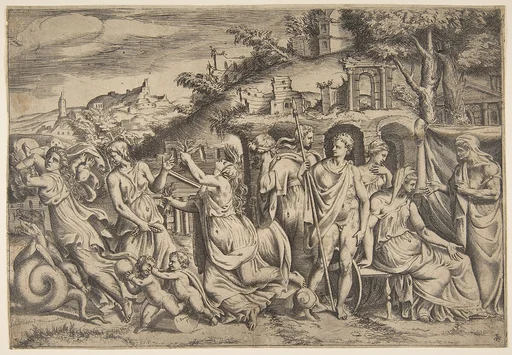 The story of Jason and Medea at the left she carries off her son, in the middle she is shown in her madness, Jason stands at the right