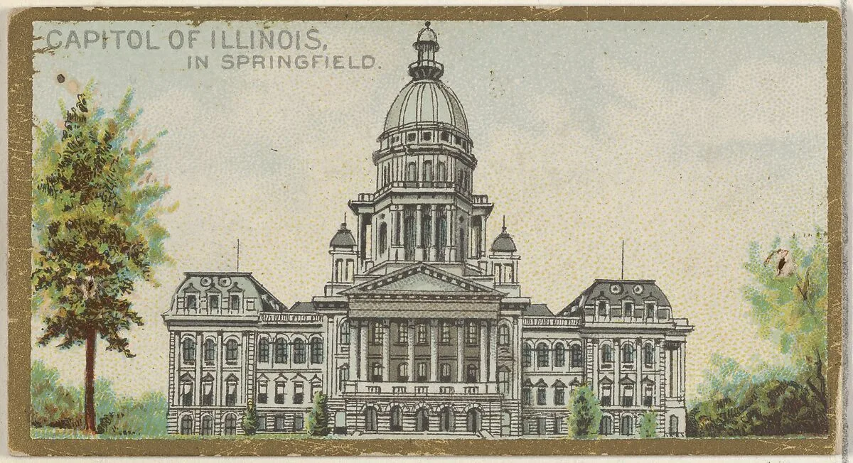 Capitol of Illinois in Springfield, from the General Government and State Capitol Buildings series (N14) for Allen & Ginter Cigarettes Brands — Allen & Ginter|The Gast Lithograph & Engraving Company
