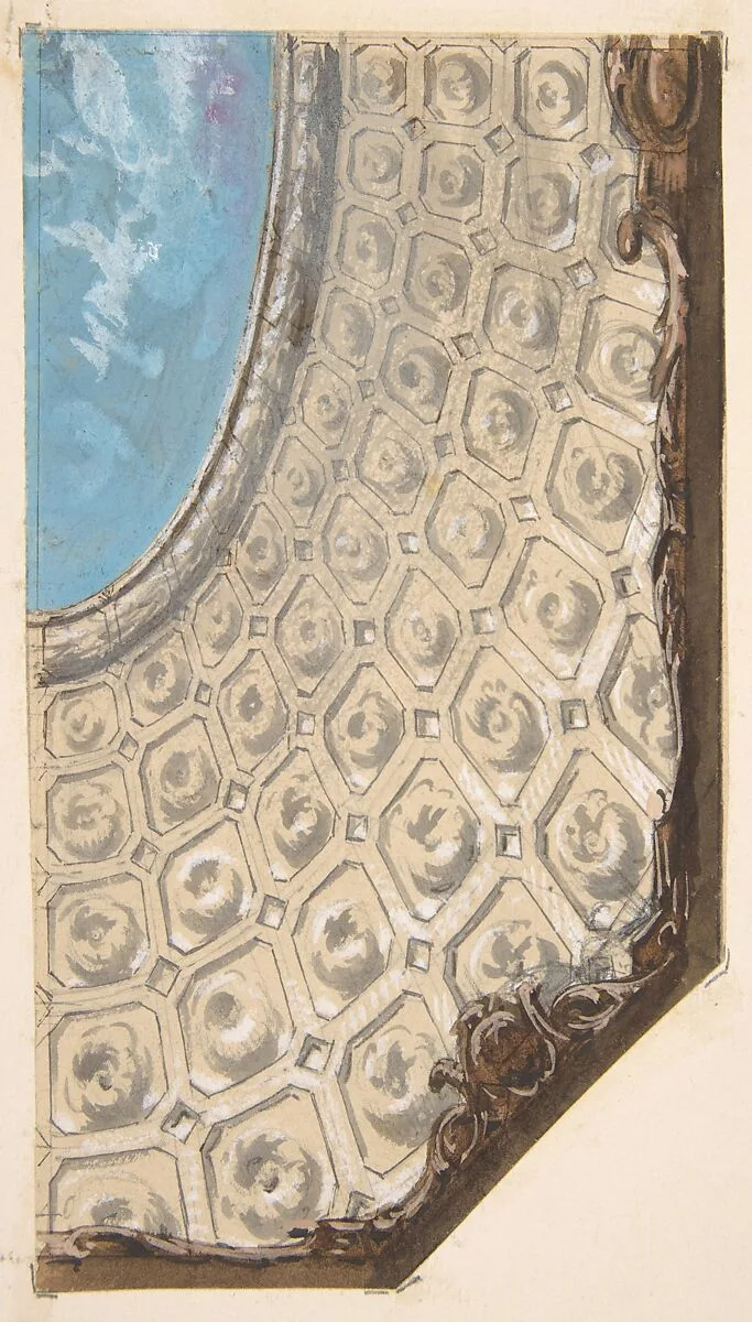 Design for a coffered ceiling with a central oval painted in clouds — Jules-Edmond-Charles Lachaise|Eugène-Pierre Gourdet