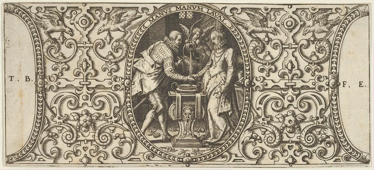 A Couple Shaking Hands, from Grotisch fur alle Kunstler — Theodor de Bry