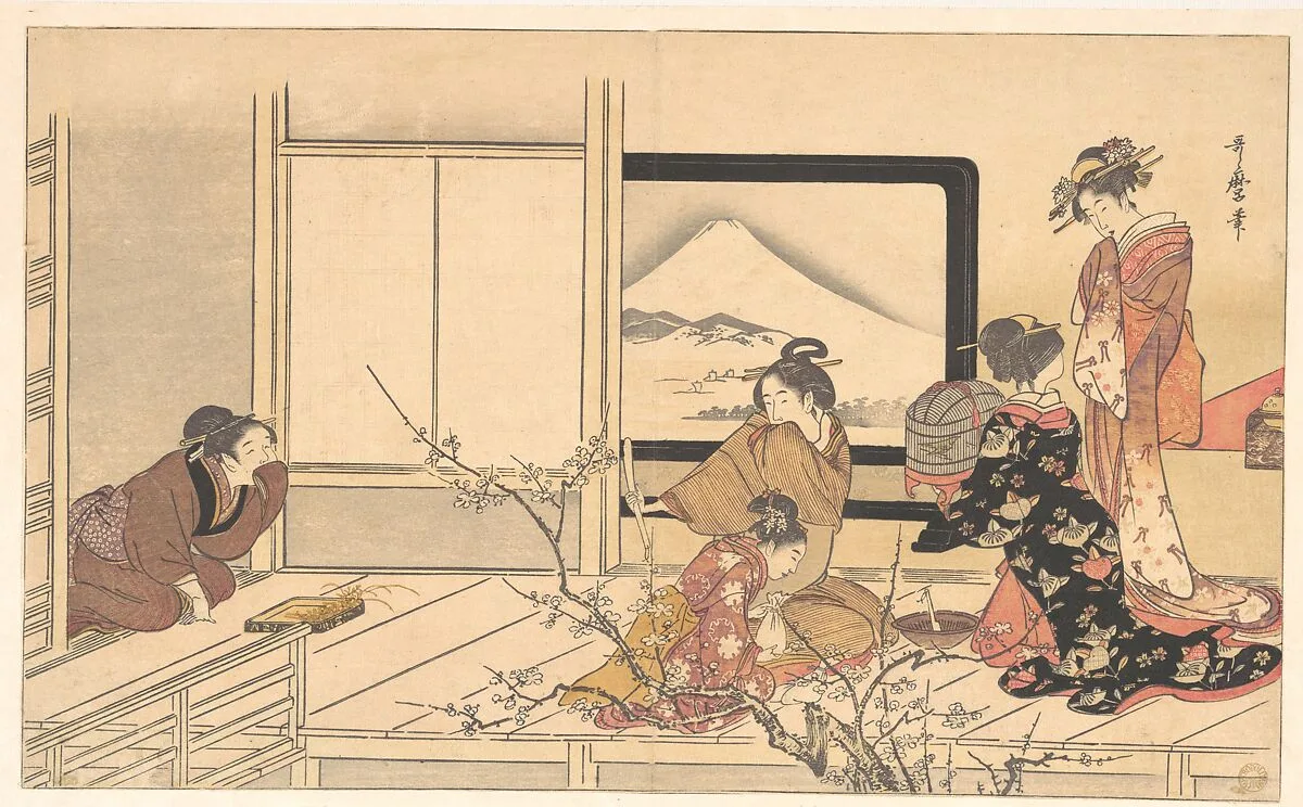 喜多川歌麿画 『男踏歌』 鶯の餌すり|“Preparing Food for the Warbler,” from the album Men’s Stamping Dance (Otoko dōka, uguisu no esa suri) — Kitagawa Utamaro
