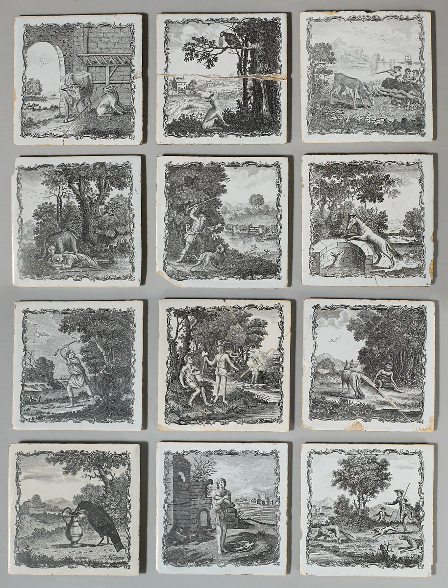 Set of twelve tiles with scenes from Aesop's Fables — Unknown