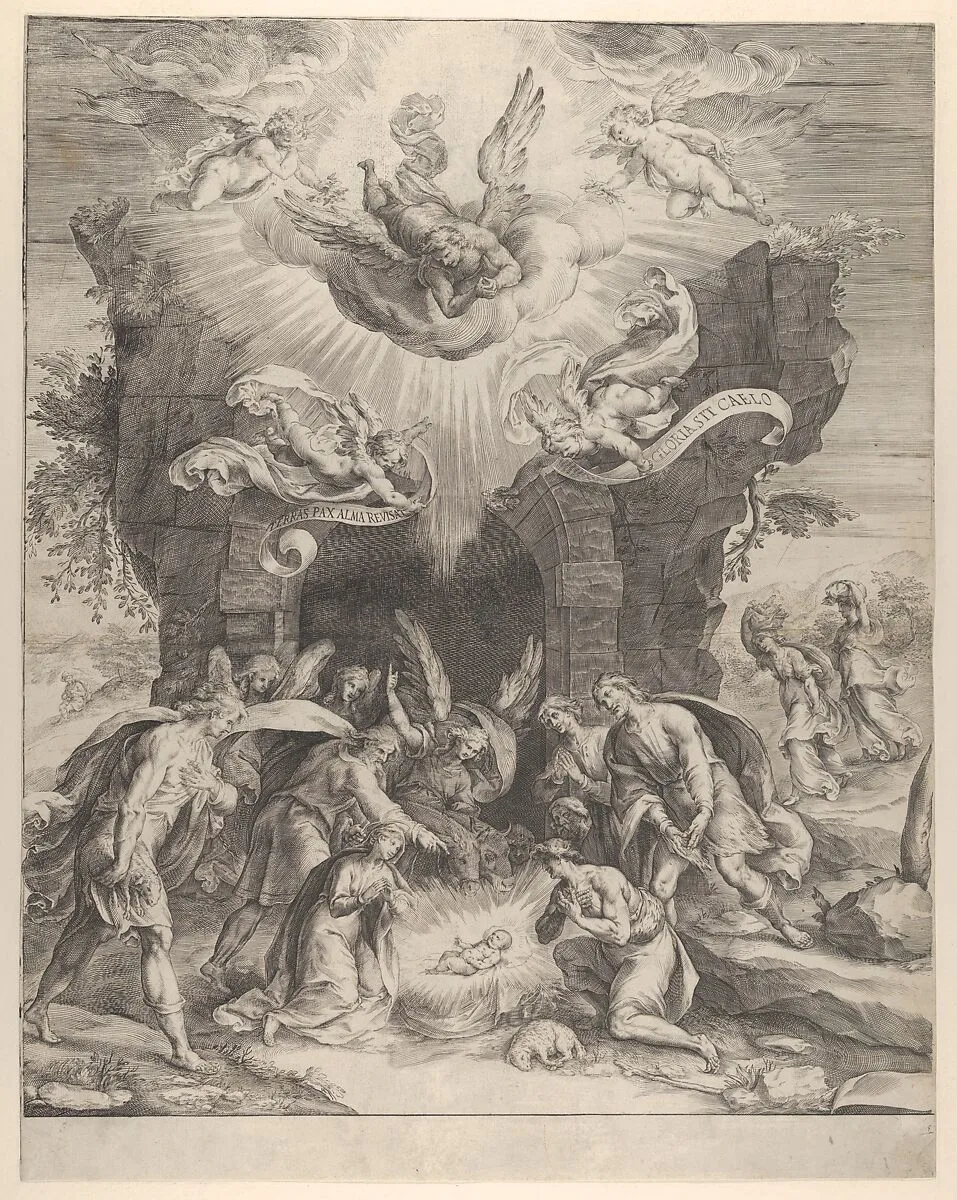 The Adoration of the Shepherds with the Christ Child at center and angels above — Cherubino Alberti (Zaccaria Mattia)|Polidoro da Caravaggio