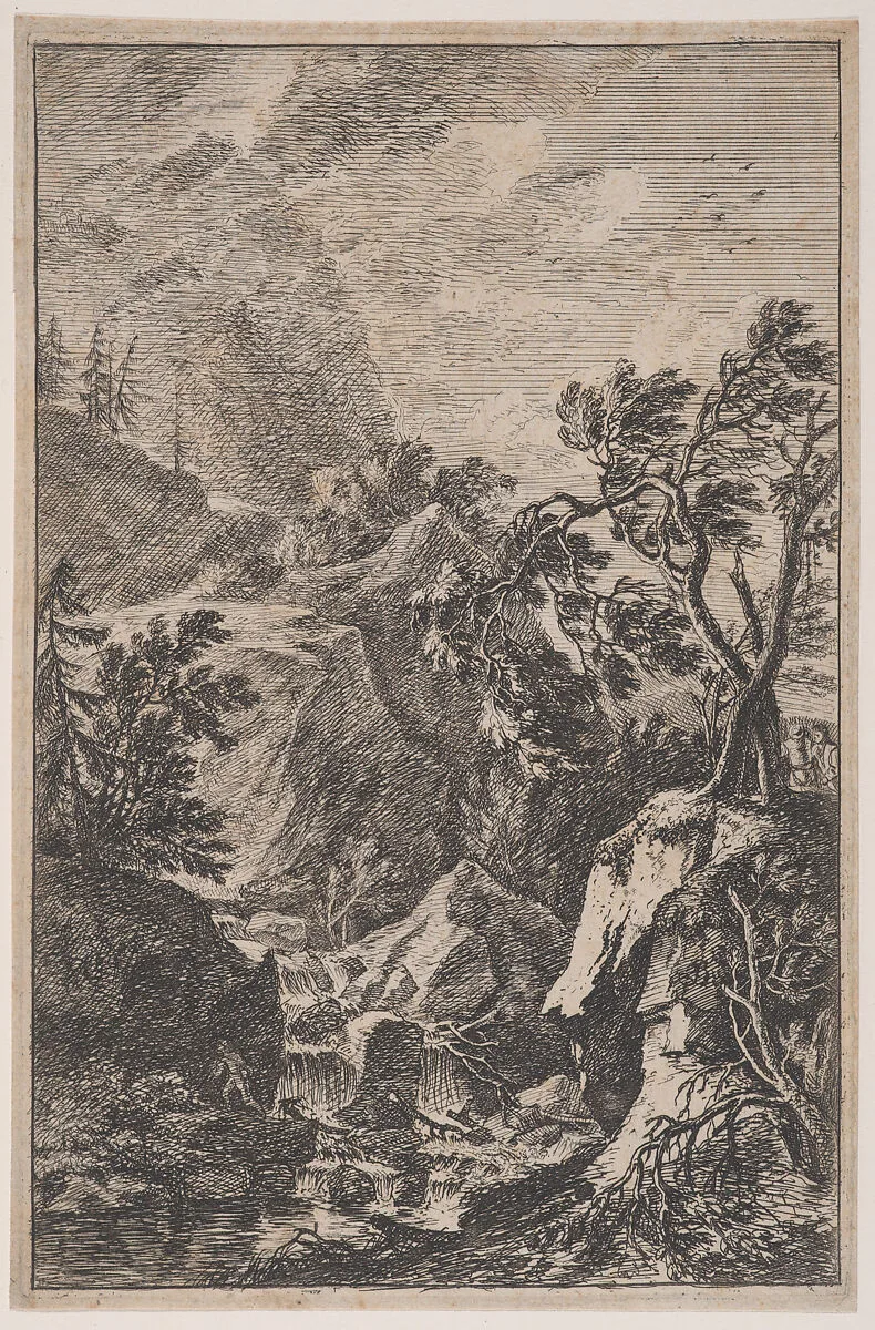 Plate 6: two male figures standing on a rock at right, a waterfall at center with another male figure on its left bank, from 'Landscapes in the manner of Salvator Rosa' (Die Landschaften in Sal. Rosa's) — Franz Joachim Beich