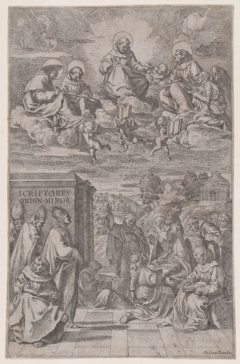 Ecclesiastics in a landscape writing, other in the heavenly realm above — Giovanni Cesare Testa