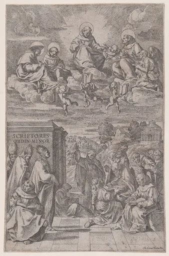 Ecclesiastics in a landscape writing, other in the heavenly realm above