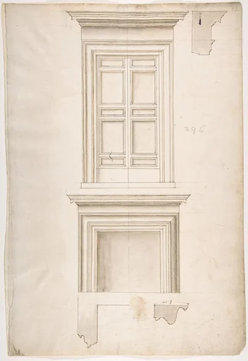 Unidentified, portal, elevation; portal, cornice, profile; fireplace, elevation (recto) blank (verso)
