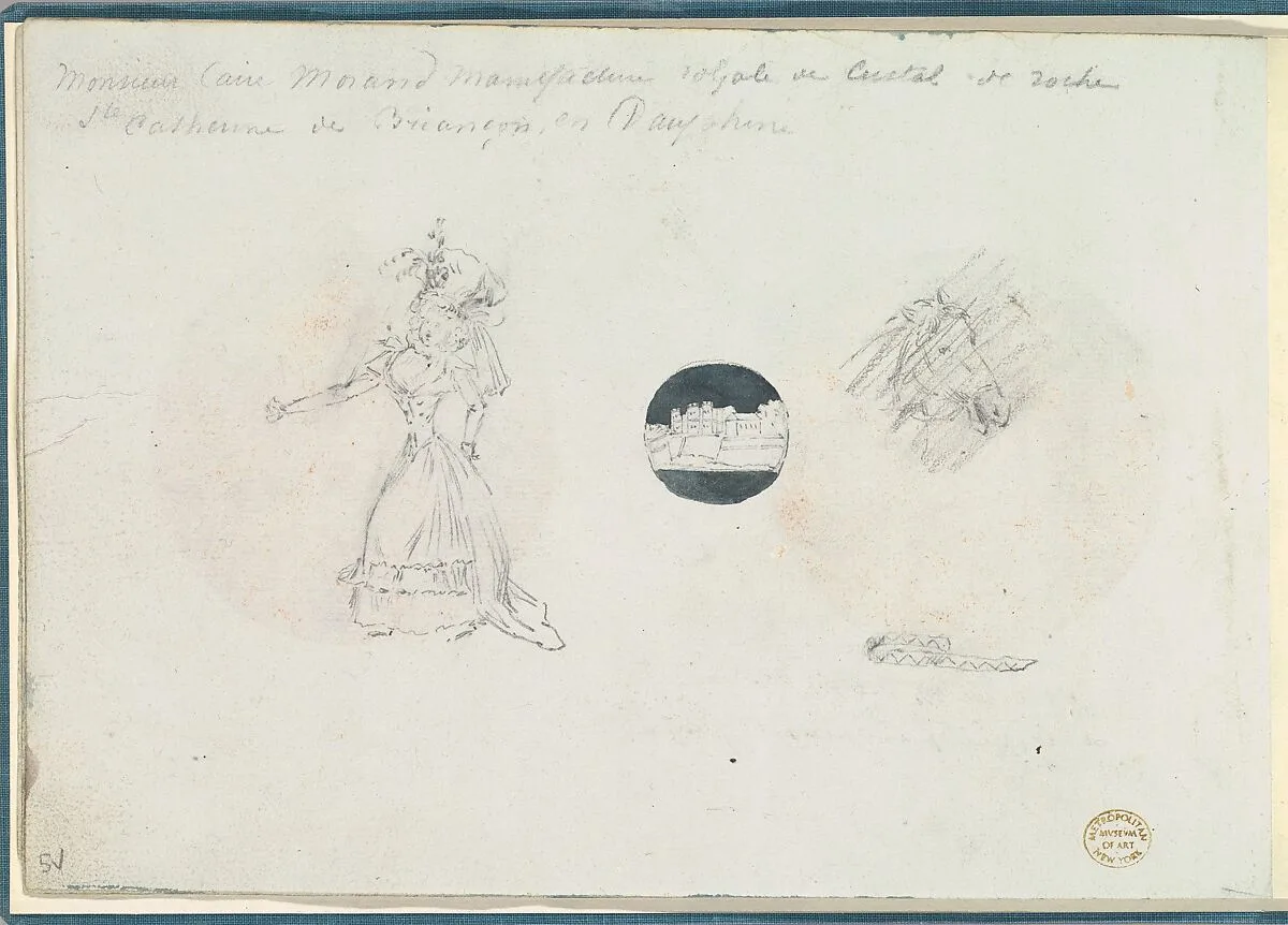 Sketches of a Woman in a Corseted Gown, a Castle, and a Horse's Head — Anonymous, French, 18th century|Antoine Caire-Morand|Anonymous, French, 19th century