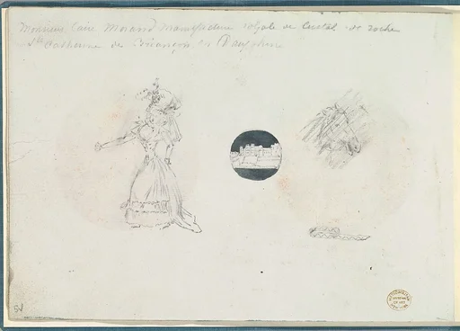 Sketches of a Woman in a Corseted Gown, a Castle, and a Horse's Head